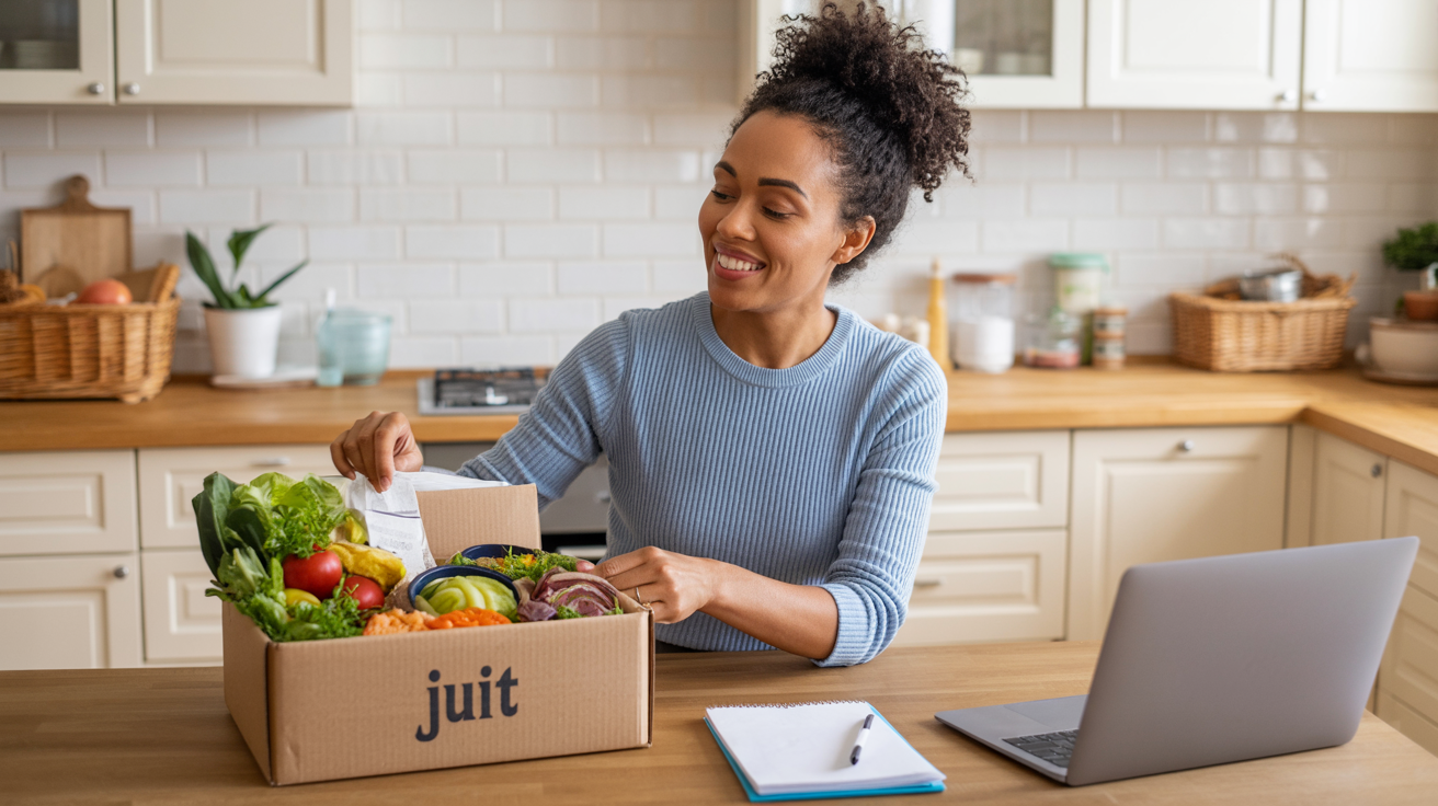 Vegane Kochboxen - a relaxed woman sitting at her kitchen t zns3yao9QZmkgNvZQApQKA splTHO65RGWOXOgp6jADkQ women with vegan meal kit from juit