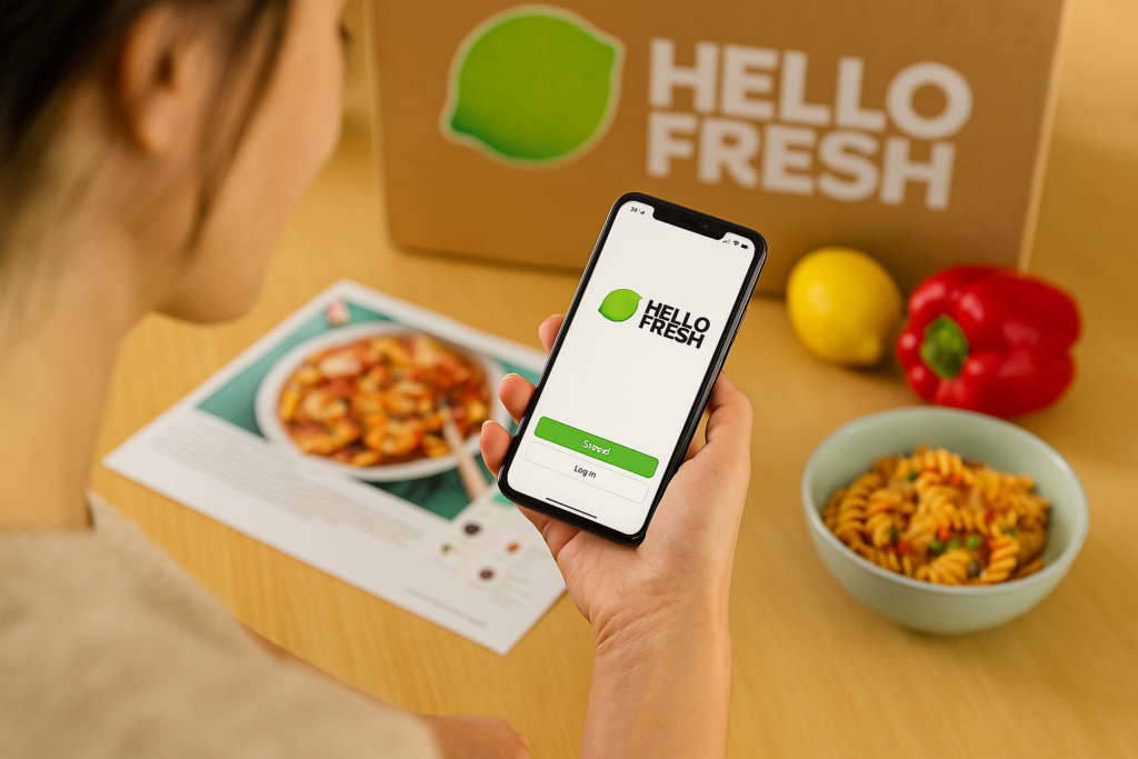 Wie viel Zeit sparen Kochboxen? - HelloFresh Anmelden auf dem Smartphone mit Kochboxen im Hintergrund hellofresh anmelden Frau hält Smartphone mit geöffneter HelloFresh-App, um sich anzumelden, umgeben von frischen Zutaten und Kochboxen hellofresh app anmelden schritten
