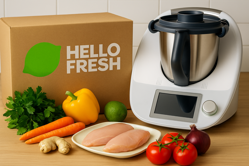 Thermomix geeignete Kochboxen - ChatGPT Image Jun 5 2025 at 02 06 25 PM HelloFresh Thermomix – ein Thermomix-Gerät neben einer HelloFresh Kochbox mit frischen Zutaten auf einer Küchenarbeitsfläche.