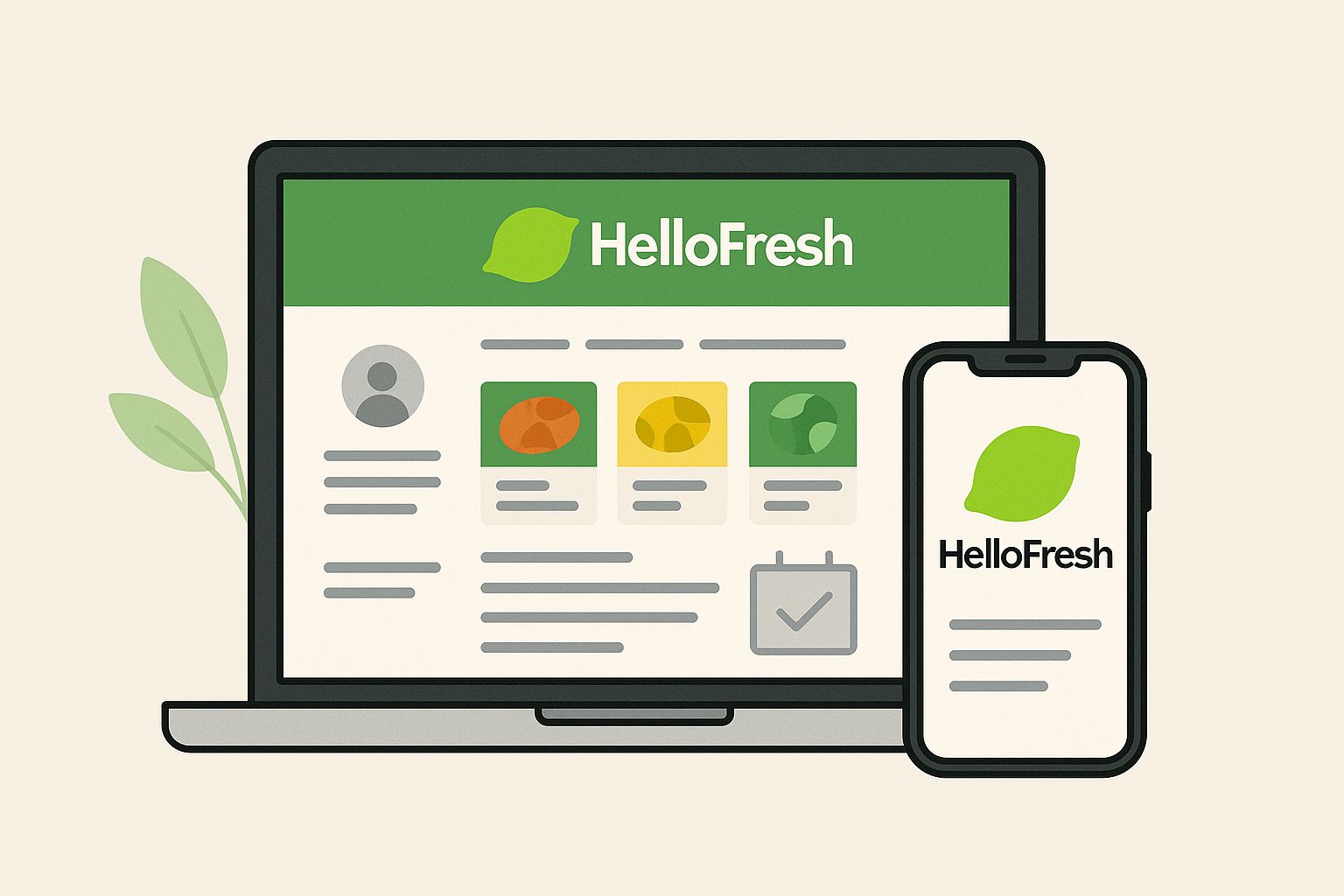 HelloFresh Kundenkonto - hellofresh kundenkonto illustration compressed Illustration eines Laptops und Smartphones mit HelloFresh-Logo und Benutzeroberfläche, symbolisiert das HelloFresh Kundenkonto auf verschiedenen Geräten.